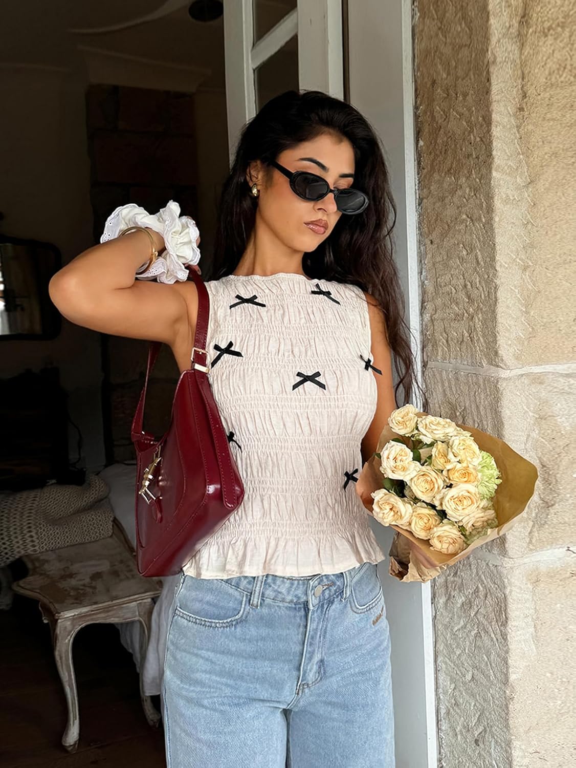 SweatyRocks Women's Y2k Pleated Bow Round Neck Top Sleeveless Slim Fit Tank Tops Outfits - Image 2