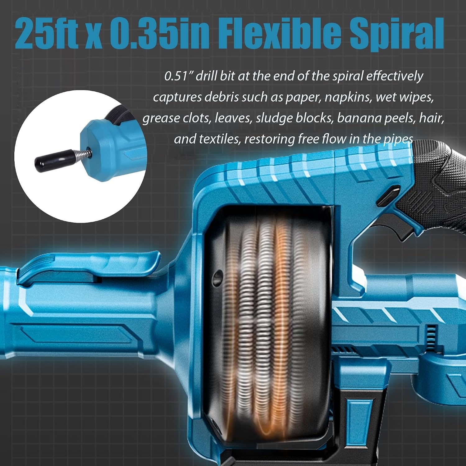 25FT Cordless Drain Snake, Fits Makita 18V Battery Electric Plumbing Snake Drain Auger, 610RPM Toilet Snake Gutter Sewer Bathroom Sink Cleaner Hair Clog Removal Tool for Plumbers (No Battery)