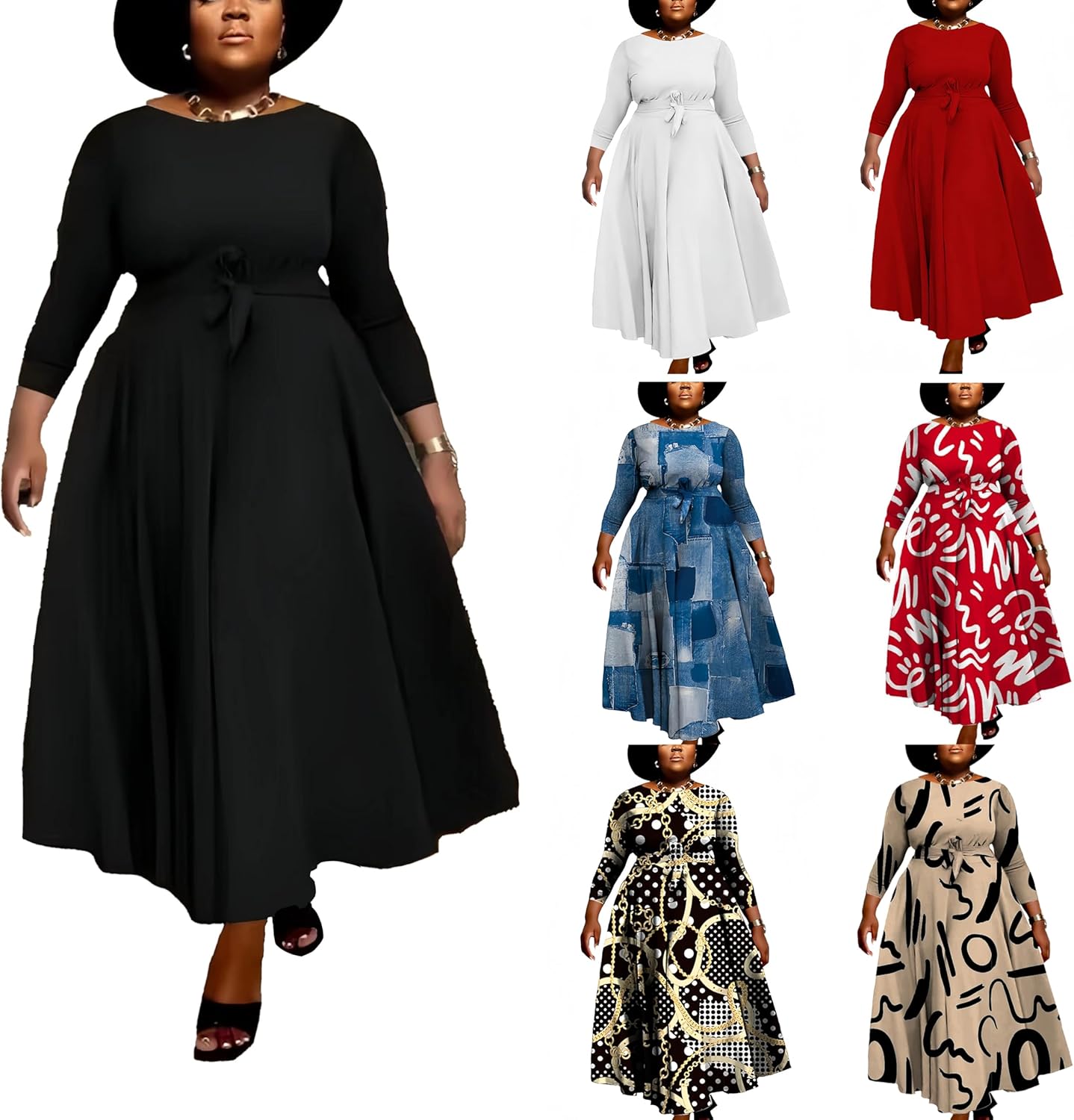 Women Plus Size Formal A Line Maxi Dress Self Tie Waist with Pockets Elegant Round Neck Swing Long Dresses