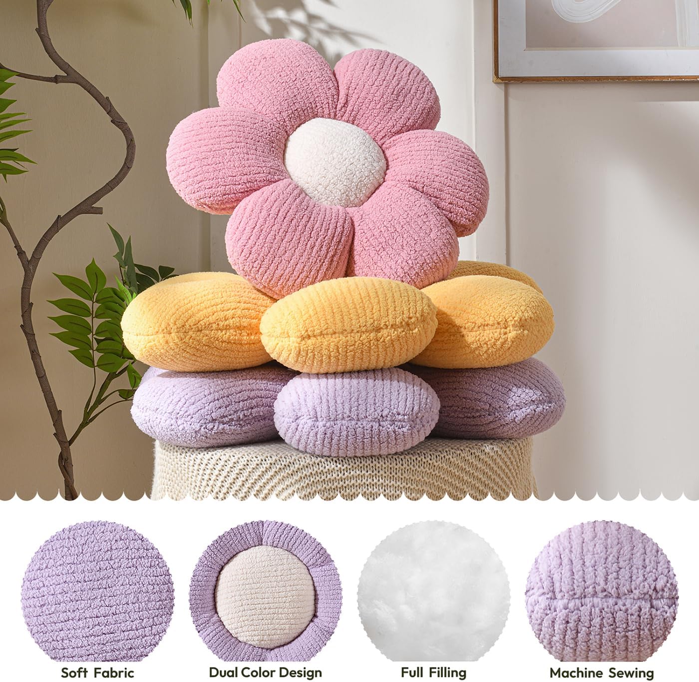 Sioloc Flower Shaped Pillows Cute Flower Floor Pillows for Home Decor Accent Pillow Aesthetic Pillows Flower Plush Cushion for Bed Sofa Couch(Lavender,15.7")