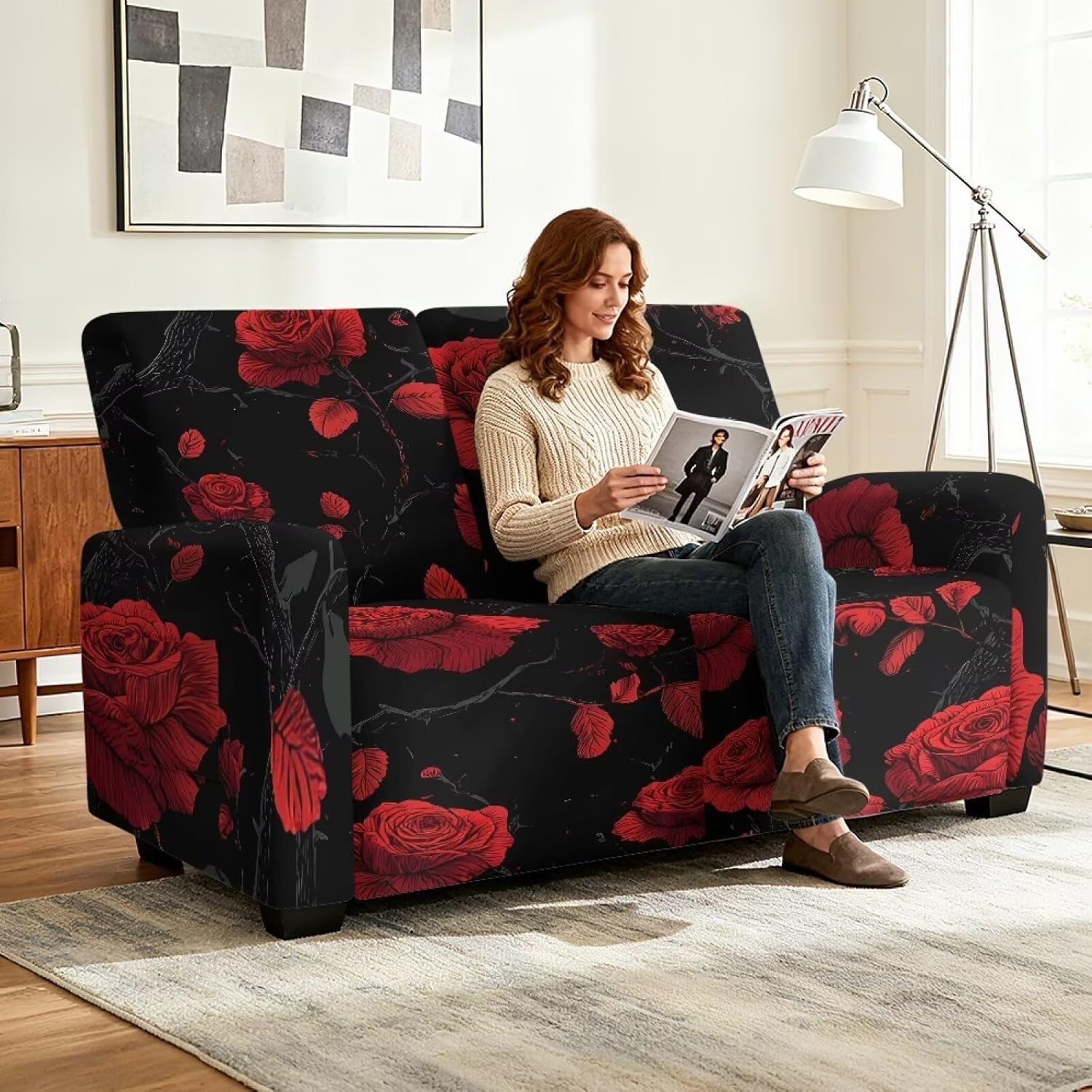 Red Rose Loveseat Recliner Chair Covers Black 2 Seater Slipcover for Reclining Chair Sofa Stretchable Indoor Couch Cover Non Slip Easy to Install