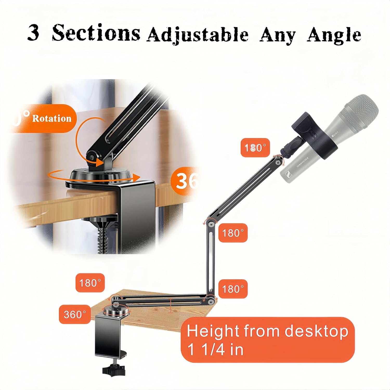 Low Profile Mic Boom Arm Stand 360° Rotatable Adjustable Compact and Foldable Table Microphone Arm Holds 2.5kg with 3/8" to 5/8" Screw Adapter for Game Streaming Podcast Broadcast (C Clamp Mount)