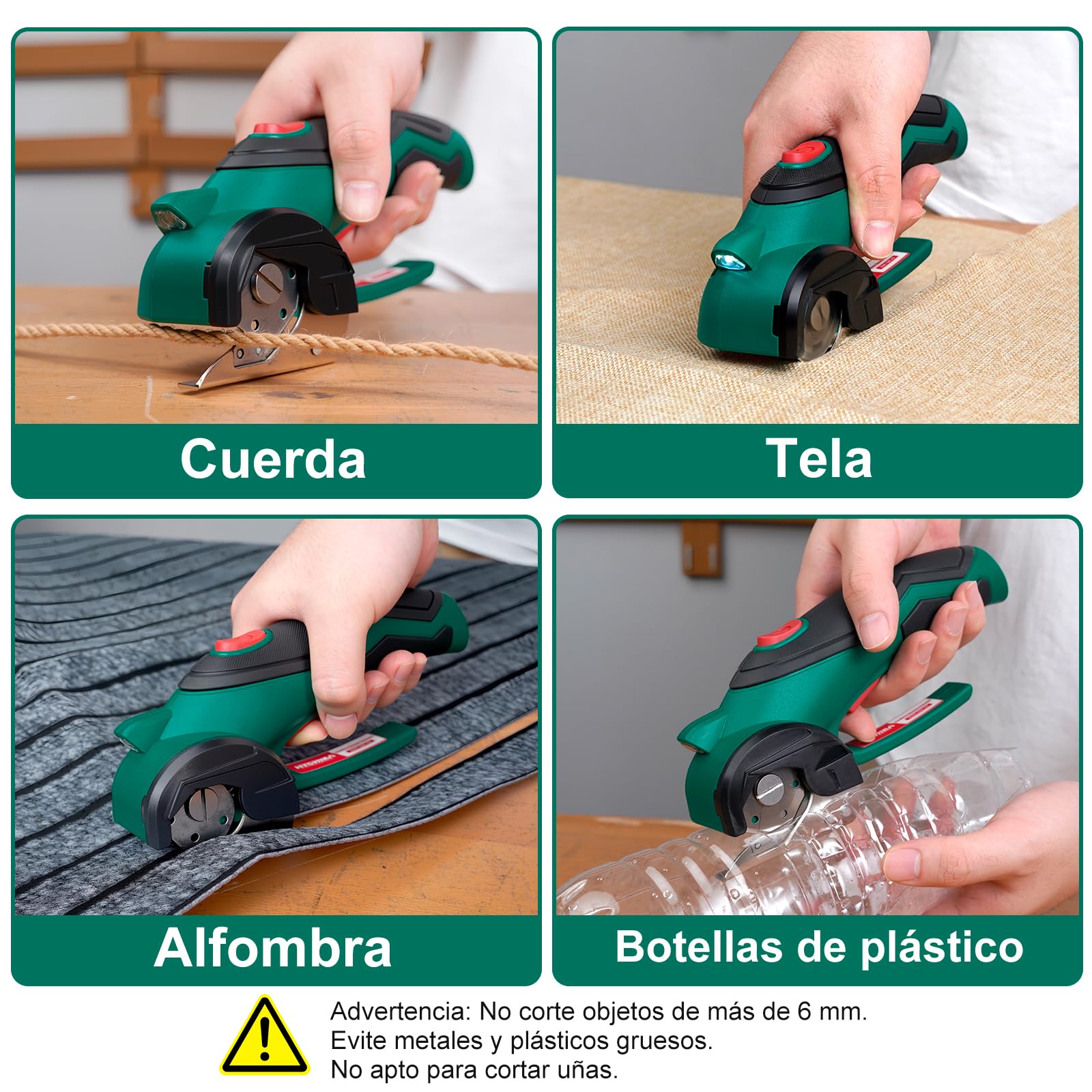 HYCHIKA Tijera Electrica Inalámbricas 4V, Cúter Rotativo Eléctrico 300 RPM, Tijeras Eléctricas con 2 Cuchillas y LED para Tela, Costura, Cuero, Alfombra, Cartón y Plástico