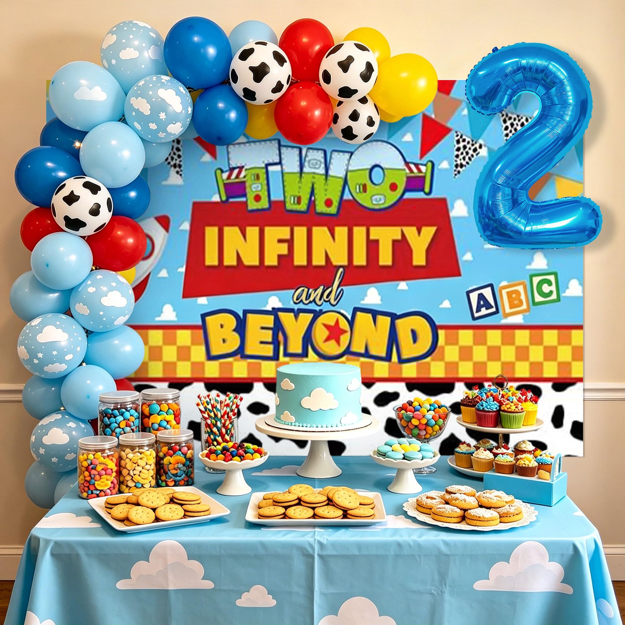 LaVenty Two Infinity and Beyond Birthday Decorations 2nd Birthday Balloon Garland Arch Backdrop Banner Cake Topper for Boy 2 Birthday Party