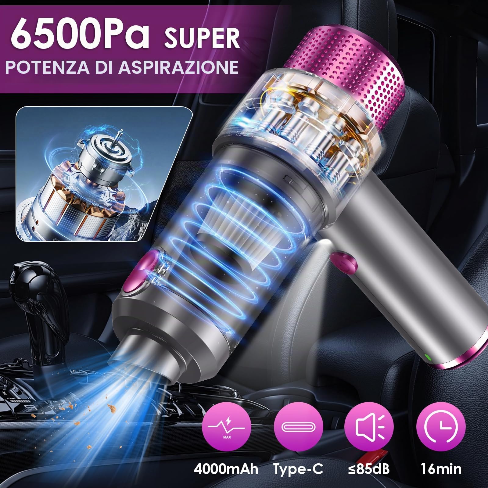 Anluomania Mini Aspirapolvere Senza Fili, 4 en 1 Mini Aspirabriciole senza Fili, 6500Pa Aspirapolvere Auto, Aspirapolvere Senza Fili Piccolo, Ricaricabile Aspirapolvere Portatile Per Auto