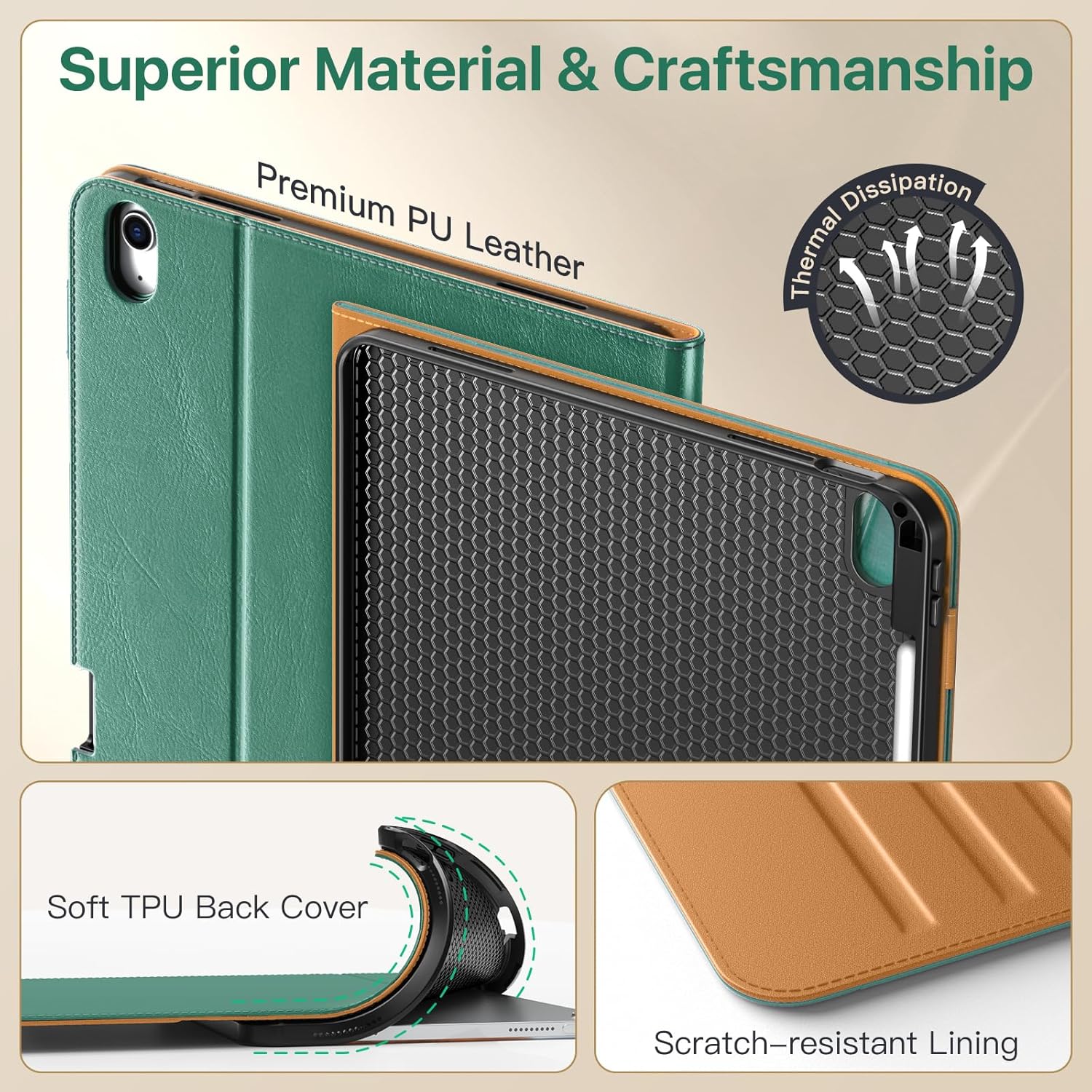 MoKo Case for iPad Air 13-inch (M4) 2026 / (M3) 2025 / (M2) 2024 with Pencil Holder & Hand Strap & Pocket, Premium Leather Folio Stand Cover, Multiple Viewing Angles, Green