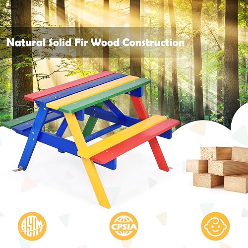 Miniatura 4 de KOTEK Mesa de picnic para niños, juego de mesa y banco de madera al aire libre con paraguas, muebles de patio para niños para comer y jugar, mesa de
