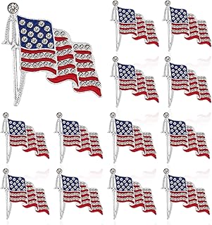 12 PCS American Flag Brooch Rhinestone Crystal Patriotic Lapel Pins USA Waving Flag Badges Pins For Memorial Veteran Day 4th of July Independence Day Events Gift Clothes Bags Backpack Decor