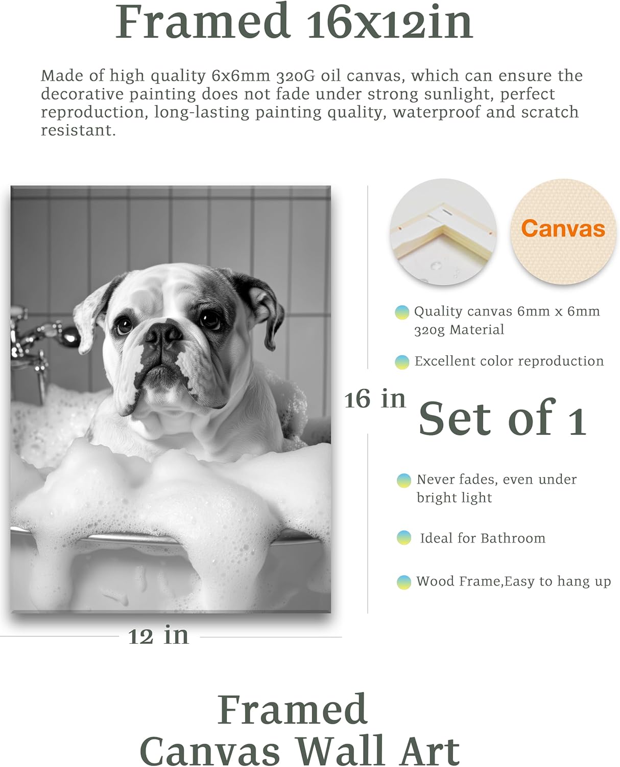 Condition photo showing Good Condition for KensTro Funny Bathroom Wall Art Decor,12" x 16" Framed Canvas Bathroom Wall Art Picture,Black and White French Bulldog Dog Bathing Wall Art Animal Abstract Prints,Wall Decor for Kid's Room,1Pack Gift