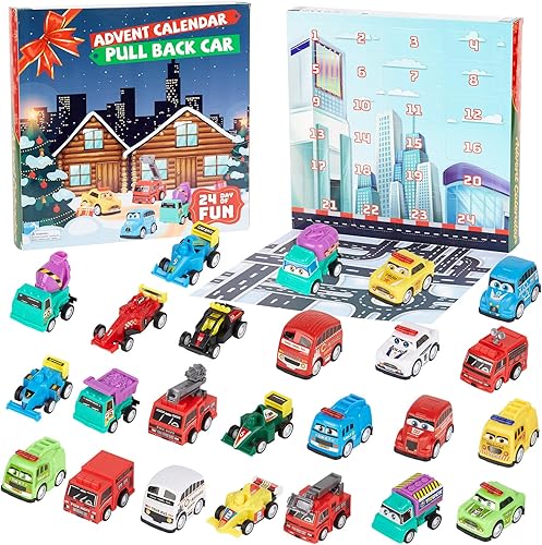 Miniatura 2 de Paquete de 24 juguetes para tirar hacia atrás, mini vehículos de construcción de plástico y auto de carreras, calendario de Adviento de Navidad,