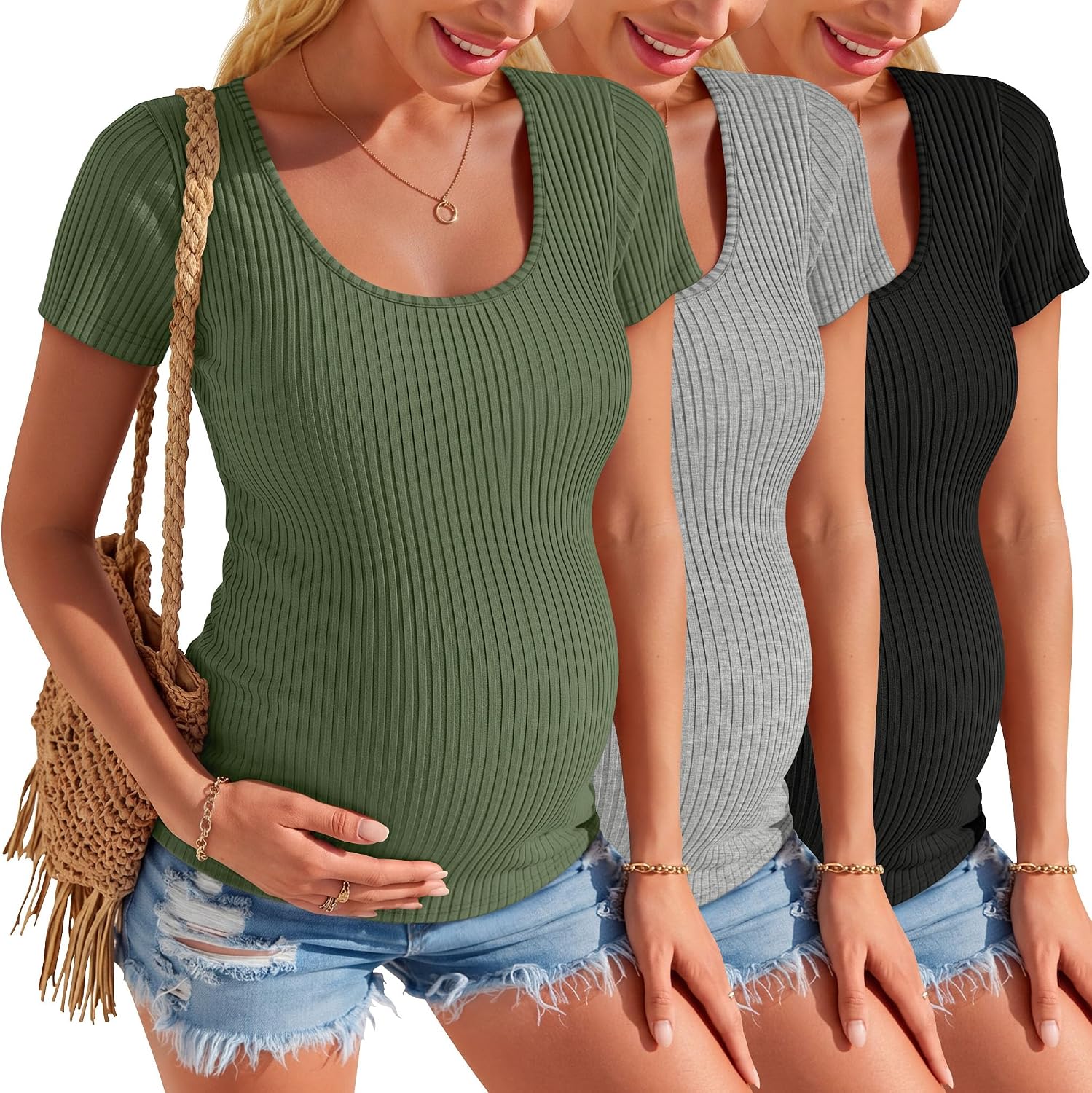 3 Pack Womens Maternity Shirts Summer Short Sleeve Ribbed Pregnancy Clothes Trimesters or Postpartum Cotton Tees