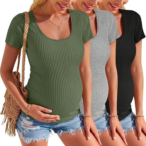 Velvelhall 3 Pack Womens Maternity Shirts Summer Short Sleeve Ribbed Pregnancy C