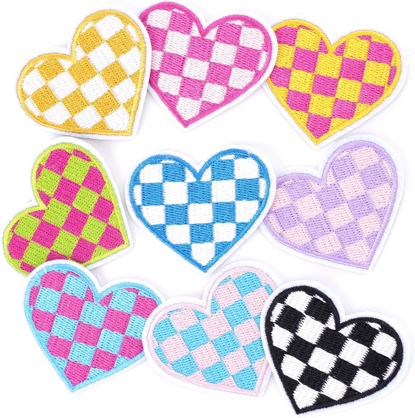 9 Pcs Pink Heart Iron on Patches for Hats,Checkered Flag Western Cowgirl Iron on Patches for Festival Gifts Hat Embroidery Fabric,Trucker Hat Patches Bulk for Clothing Hat Jeans Bag