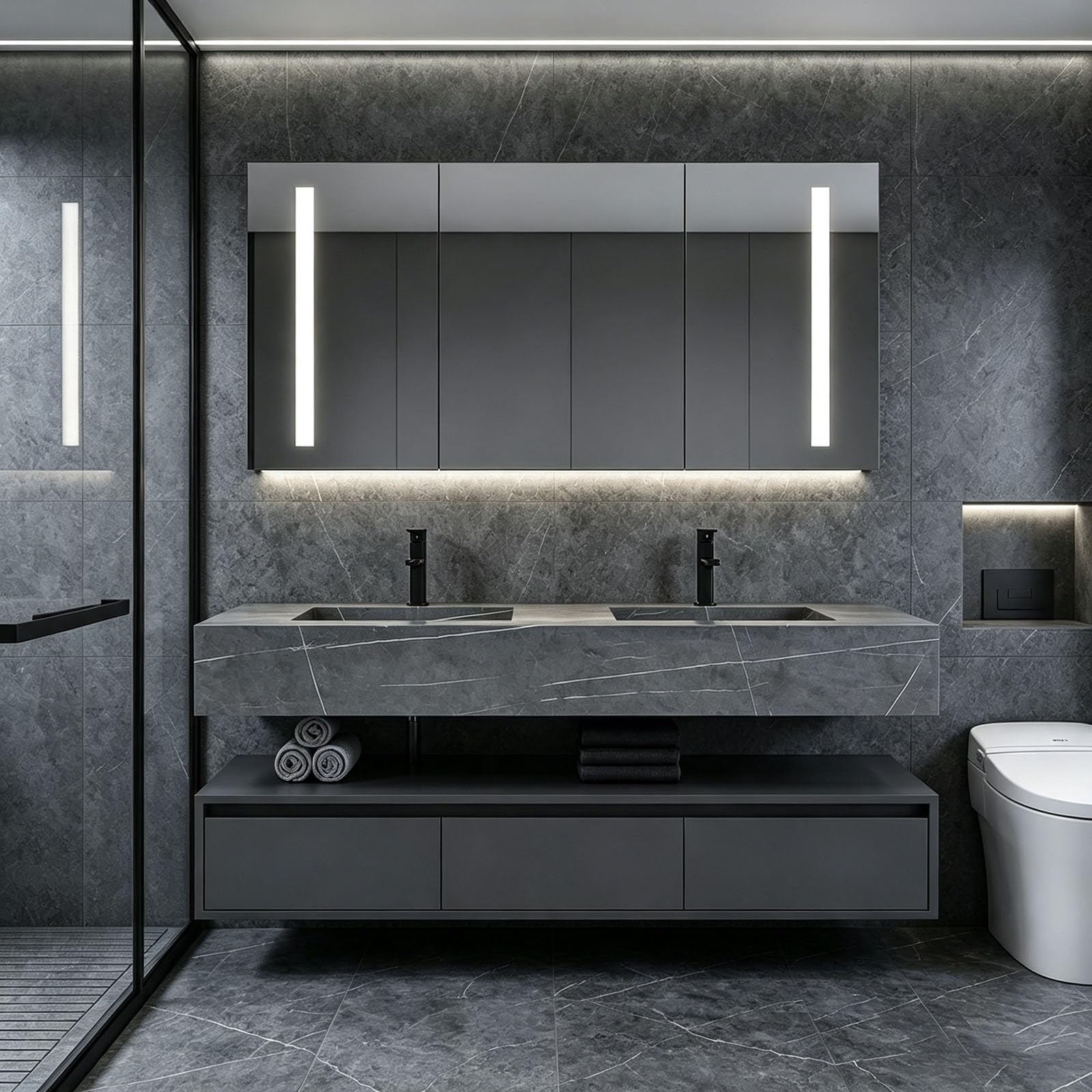 Juego de muebles de baño con lavabo y armario con espejo