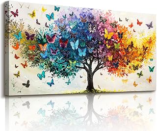 imjiayu Tree of Life Wall Art Colorful Butterfly Painting Living Room
