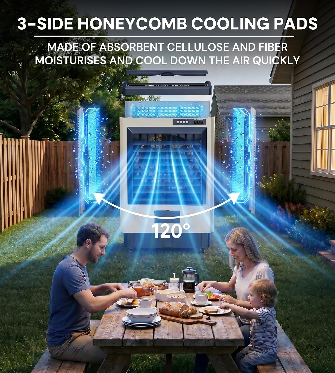 Landeagle Evaporative Air Cooler showing 3-side honeycomb cooling pads and 120 degree oscillation
