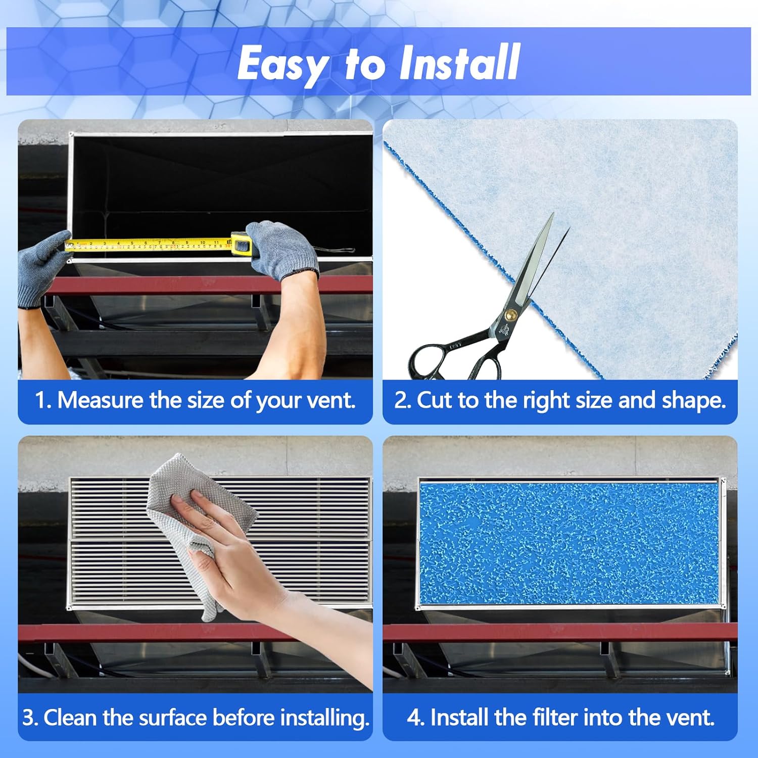 Air Vent Filter Kit - 18" x 90" Cut to Fit Air Filter Materials MERV 8 Electrostatic Media Roll for Home Floor, Ceiling, AC, HVAC, RVC Furnace Vents, With 48PCs Adhesive Hook Tape