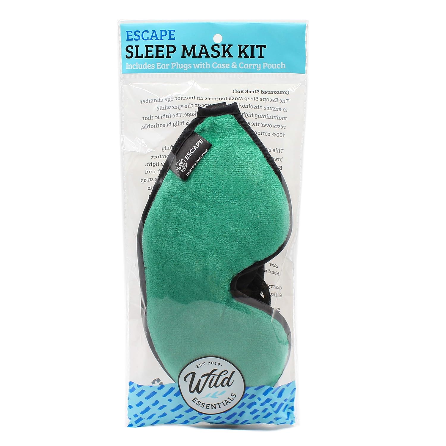 Wild Essentials Escape Plush 3D Sleep Mask Kit, Molded Eye Cavities, Nose Bridge for Light Block, Contoured, Soft Foam Cushion, Earplugs, Carry Pouch, Gift, Travel, Nap, Yoga, Blindfold, Green Goddess : Health & Household