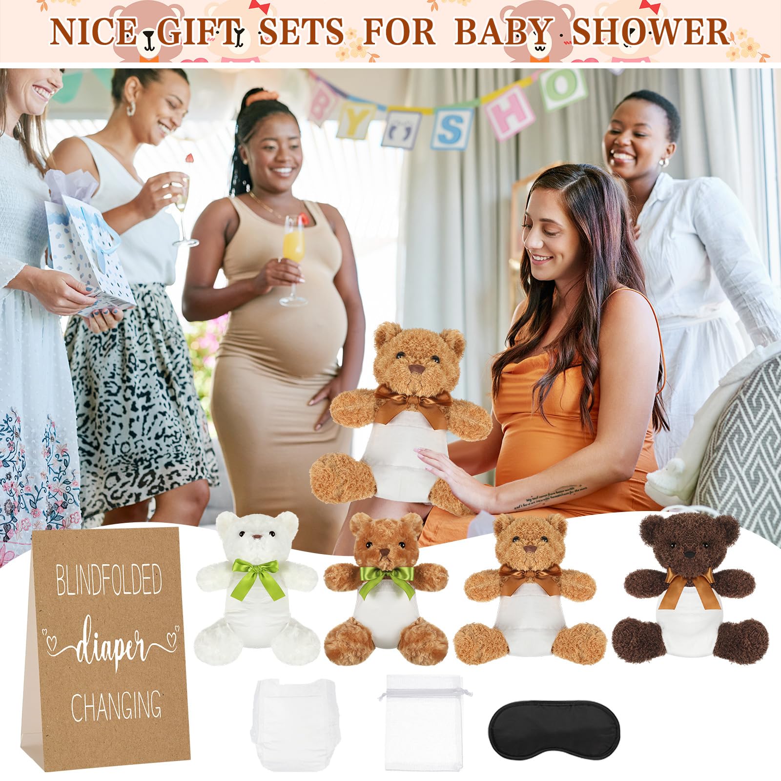 Chicingyou Juego de 8 juegos para cambiar pañales con los ojos vendados con los ojos vendados, 8 pañales de felpa de oso, 8 bolsas de regalo para baby shower, revelación de género, juego de fiesta de