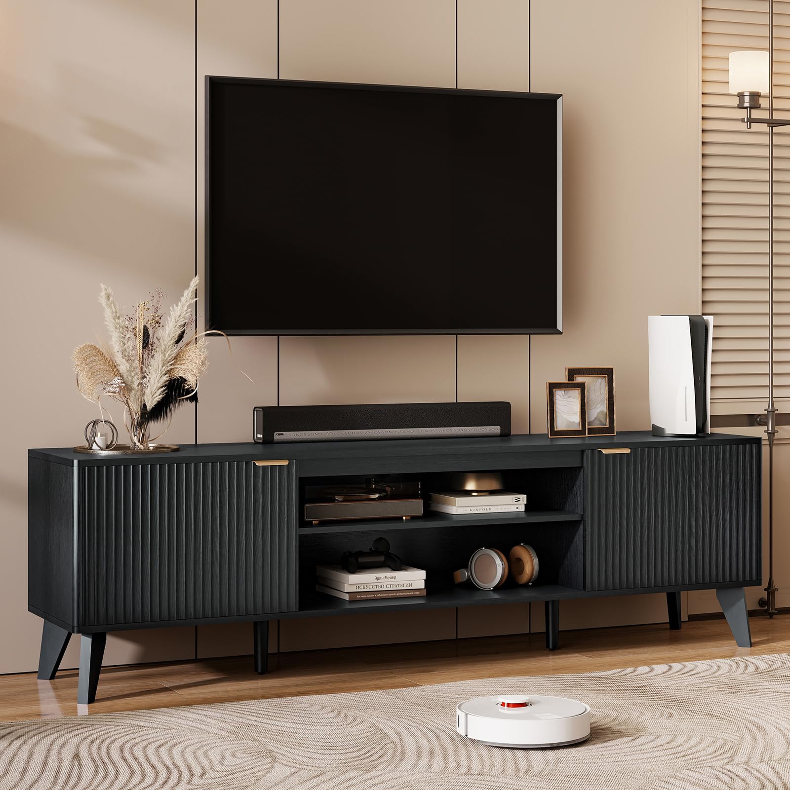 LYNCOHOME Black TV Unit, TV Stand Cabinet Wooden, 178cm TV Cabinets for 80 Inch TV, Fluted Entertainment Unit with Ajustable Shelf, TV Units for Living Room, Media Room