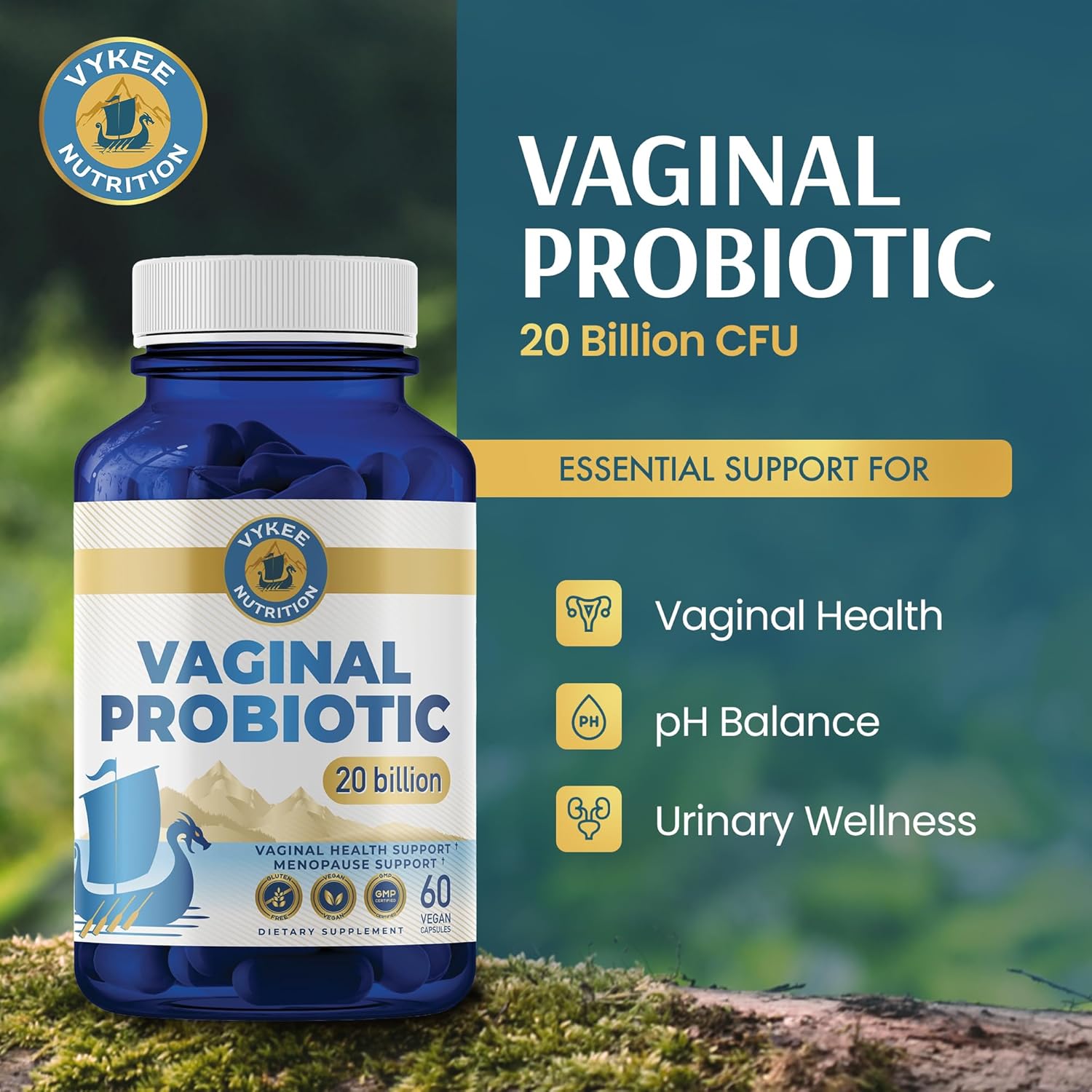 Vykee Nutrition Vaginal Probiotics Capsules - Supplements for Vaginal Health and pH Balance - Vegan, Non GMO, Gluten Free - 20 Billion CFU, 60 Count