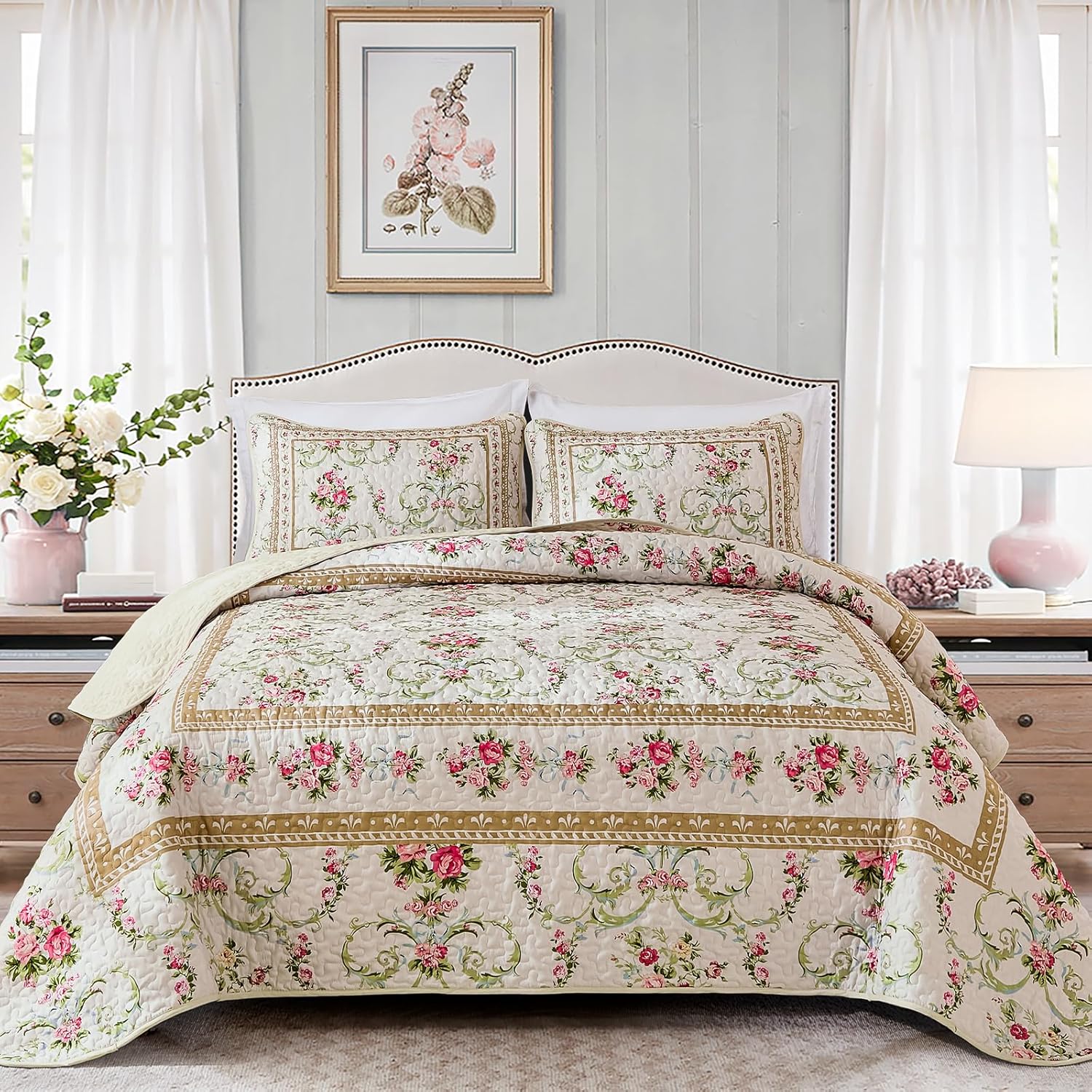 Anibedding Quilt Set King Size, Red Floral Pattern Quilts Bedspread,Soft Microfiber Lightweight Retro Bed Cover for All Season(King, 104"x90") - Image 2