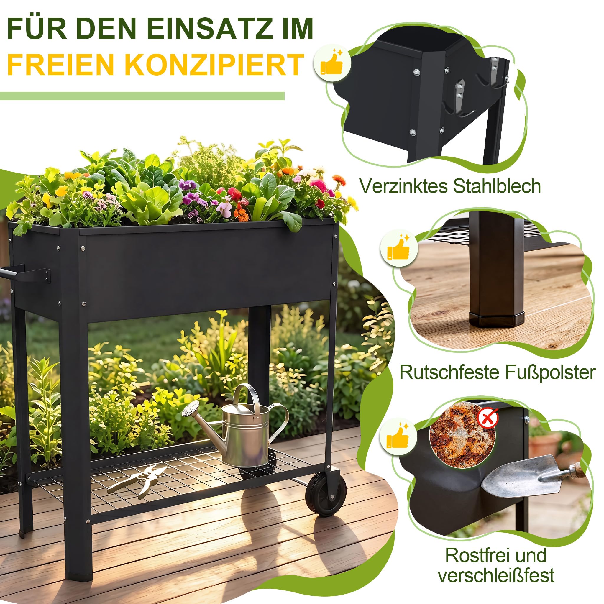 LZQ Hochbeet Metall mit Rädern & Griff, Pflanzkasten mit Ablage Gartenbeet Blumenkasten erhöht Kräuterbeet Gemüsebeet Pflanzbeet für Balkon Terrasse, verzinkt Hochbeet auf Beinen 80x35x80cm Schwarz