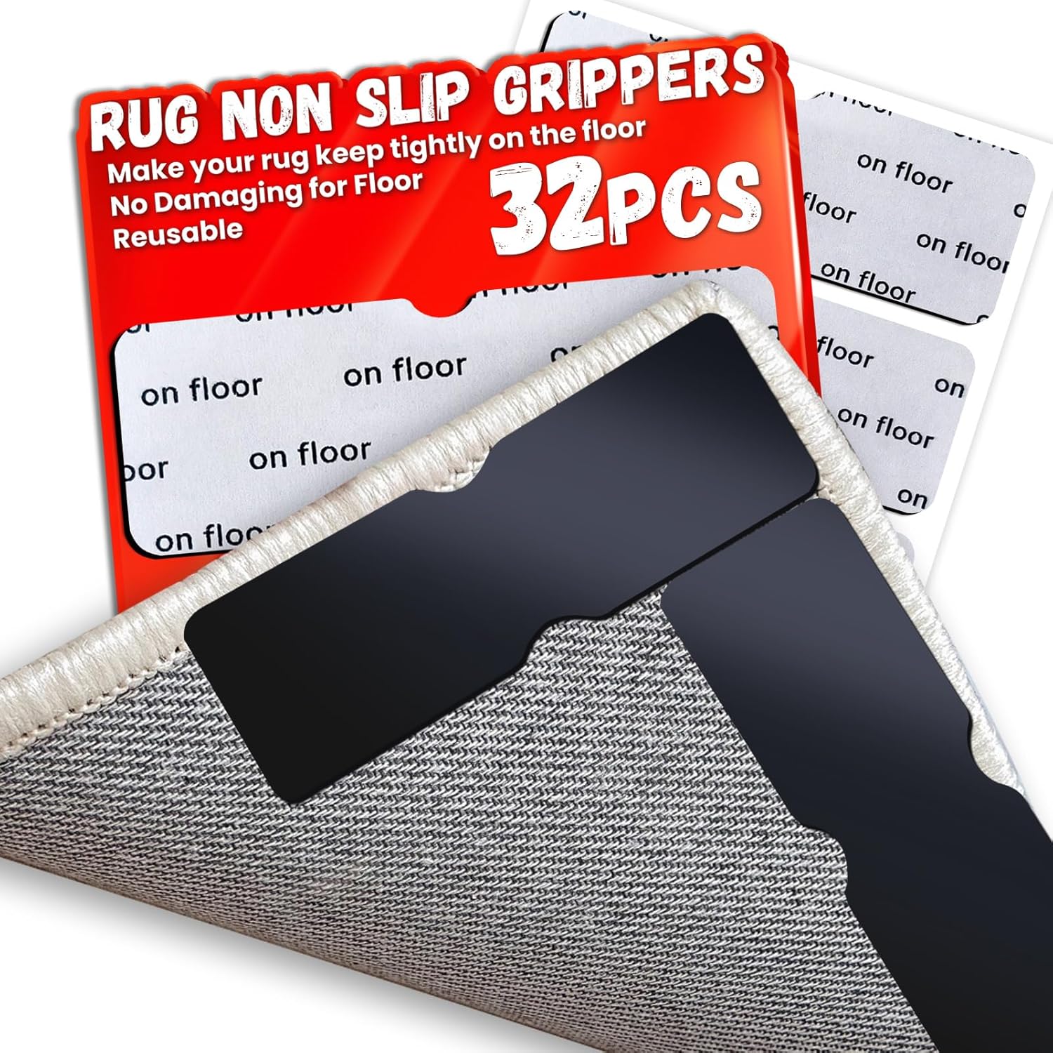 Rug Non Slip Grippers, Reusable Rug Tape Pads for Hardwood Floors, Laminate Floor, Tiles, No Residue on Flooring, Strong Adhesive Carpet Tape for Area Rugs, Keep Corners Flat (32)
