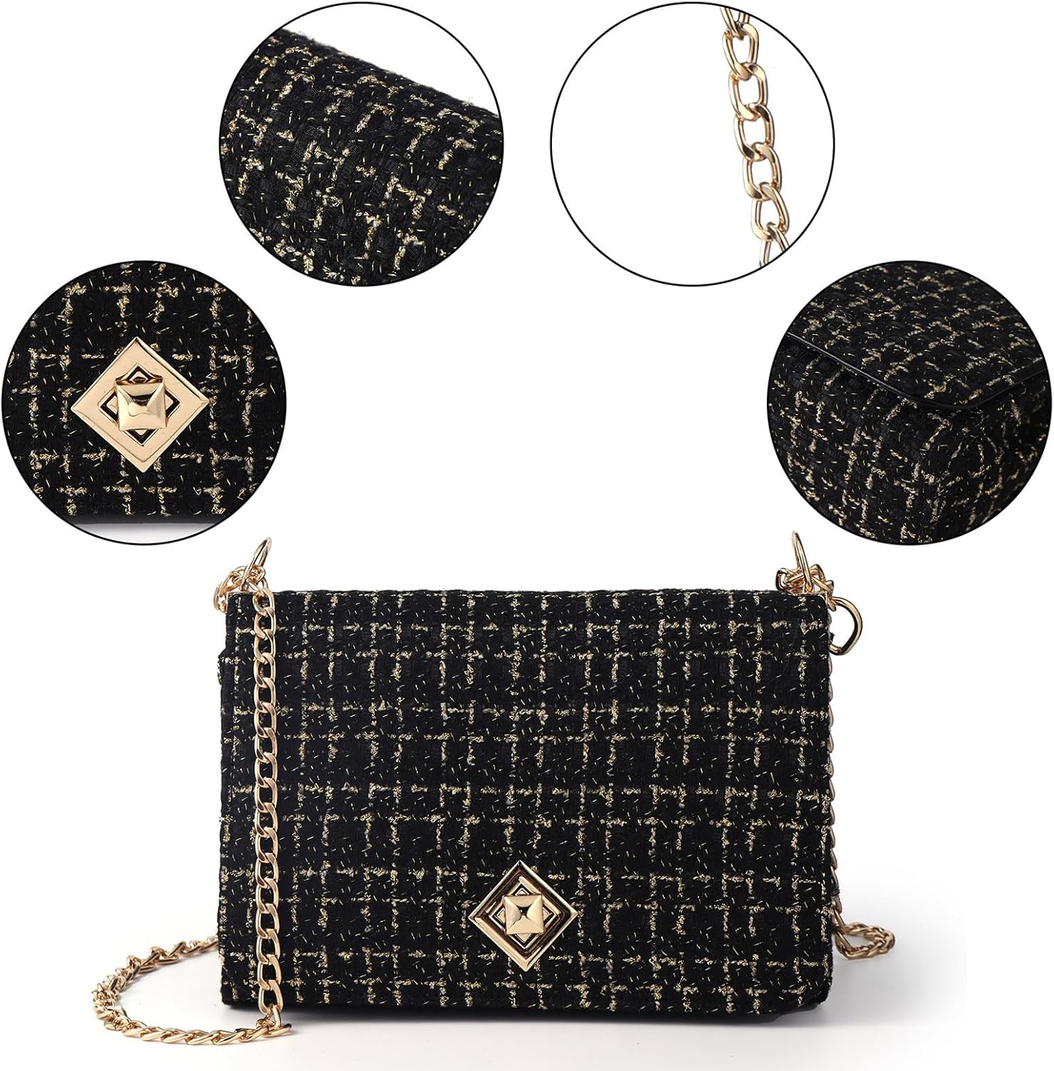Large Shoulder Bags for Women PU Leather Cross body Bag Tweed Purses Evening Bag Clutch Satchels, with Chain Strap