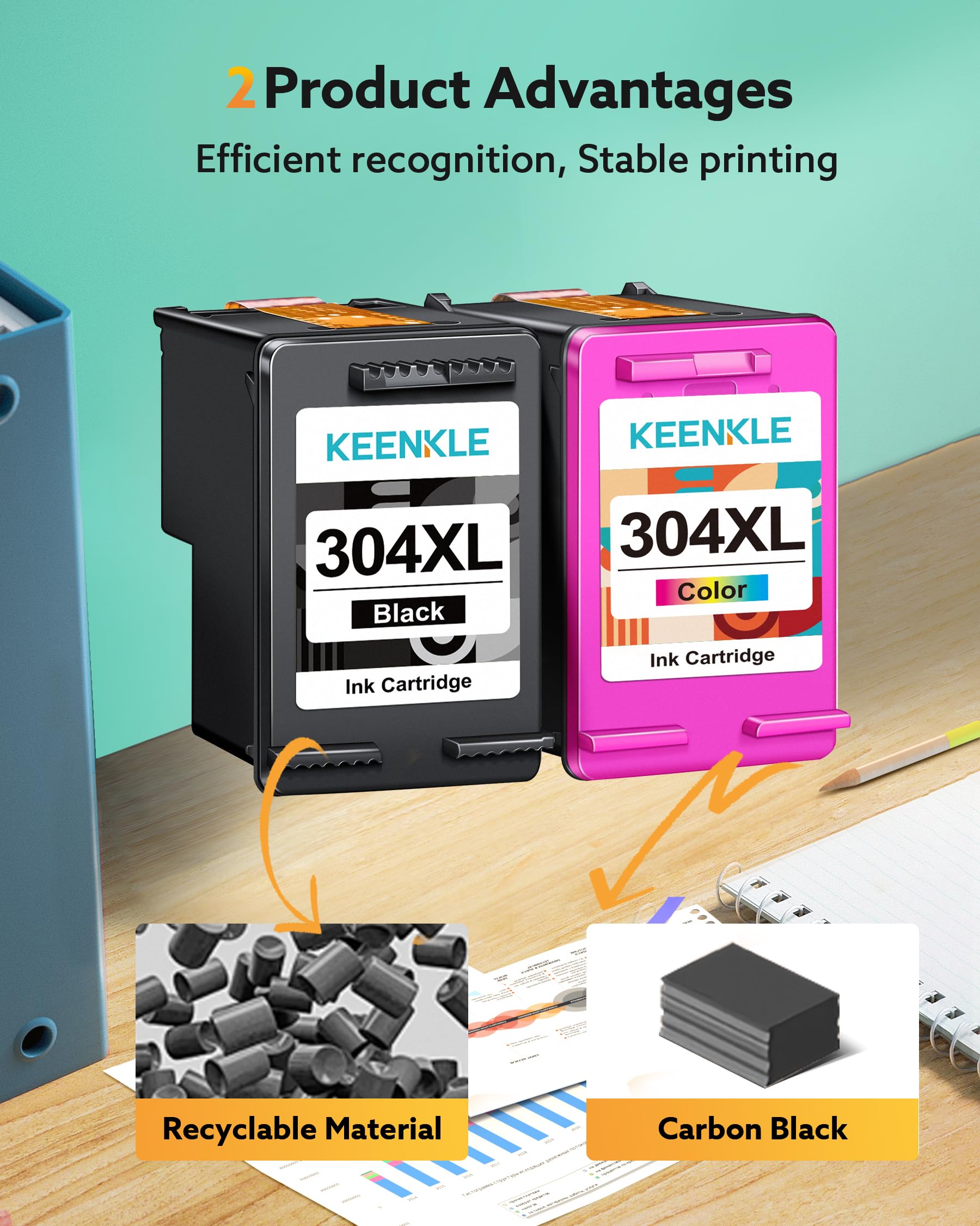 KEENKLE 304XL Cartucce d'inchiostro Sostituzione per HP 304 XL Nero e Colore per Envy 5030 5010 5020 5032 Deskjet 3750 3760 3762 3700 3733 3730 3720 2630 2620 2622 2632 2633 (Nero Tri-Colore, 2-Pack)