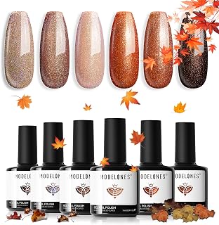 modelones Gel Nail Polish Set- 6 Fall Colors 2025 Chameleon Nude Brown Gel Polish Set Maple leaf Orange Holographic Pearl Shimmer Glitter Gel Polish Kit Soak Off LED Nail Art Gel DIY Salon Gift