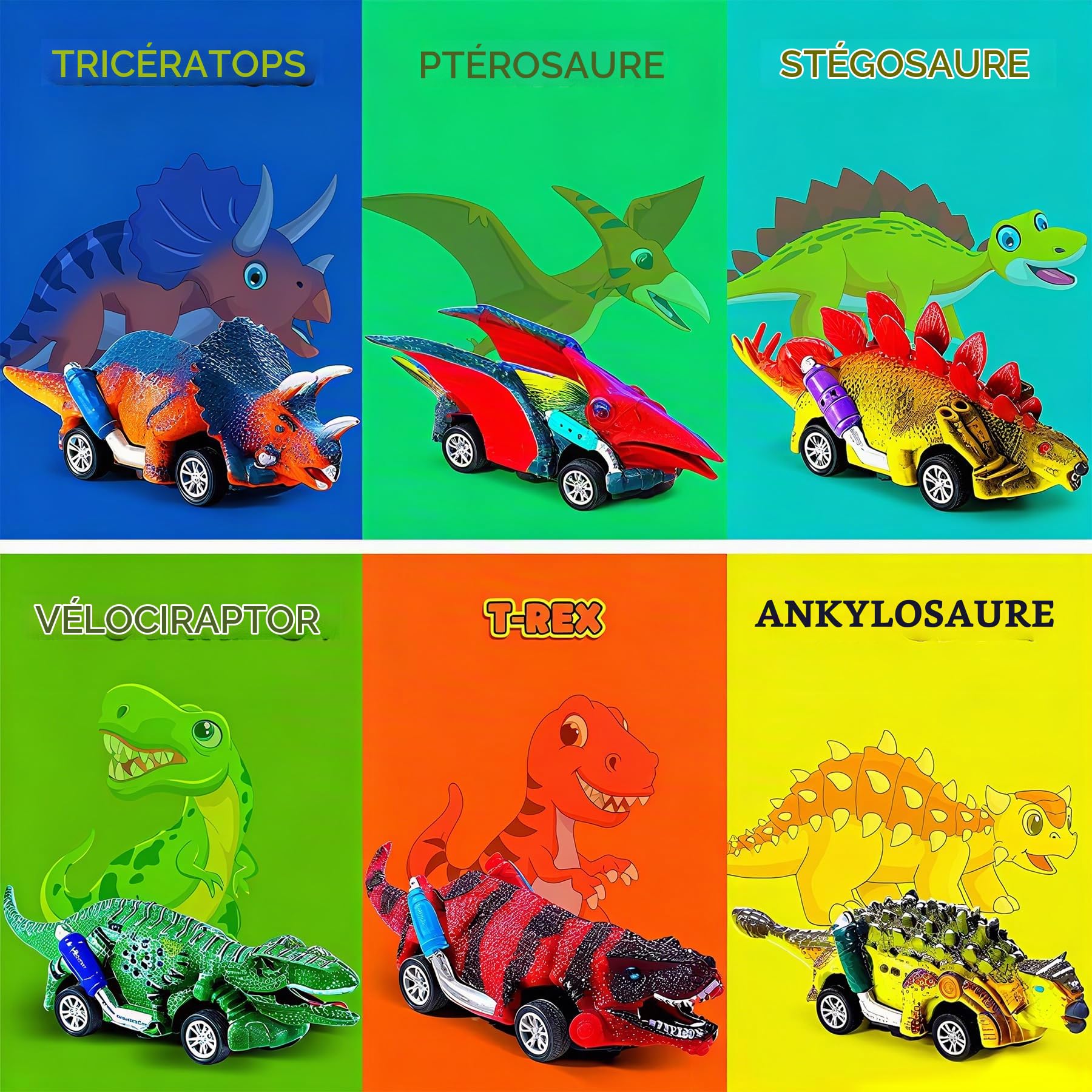 Lot De 6 Voitures Dinosaures – à Friction – PVC – Dès 3 Ans – Modèle T-Rex, Tricératops – Sans Piles – Cadeau Anniversaire Ou Noël