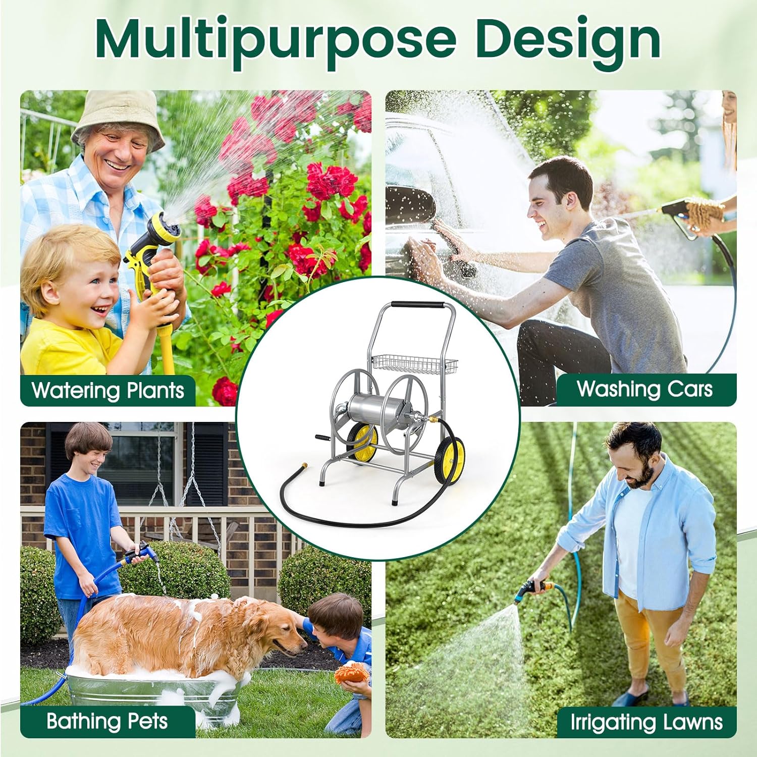 Goplus Garden Hose Reel Cart, 230 FT of 5/8" Large Capacity, Heavy-Duty Metal Hose Cart w/ 2 Wheels, Storage Basket, Portable Water Hose Organizer for Outside Yard, Outdoor Planting Tool