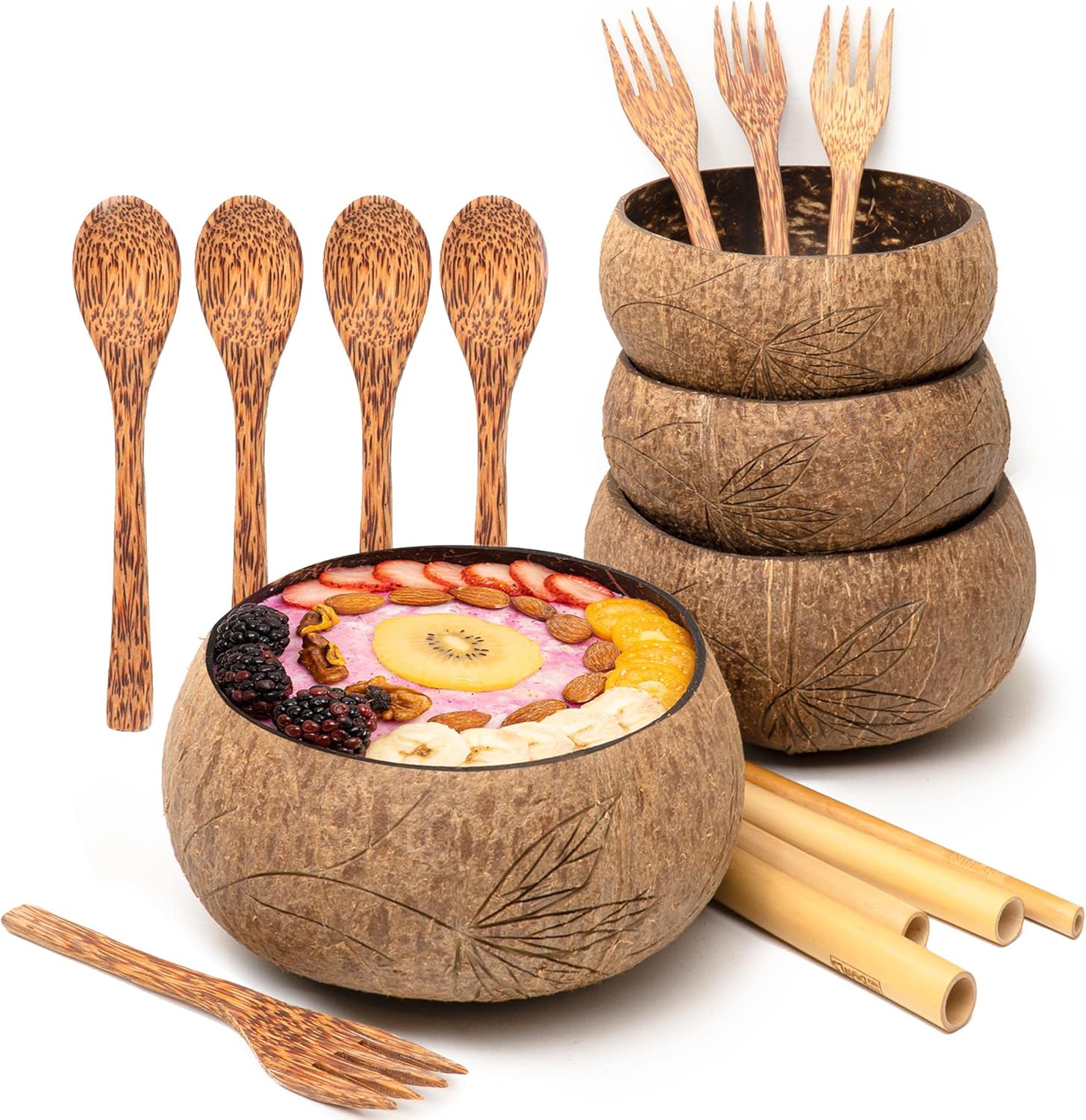 Rainforest Bowls Set of 4 Jumbo Vines Coconut Bowls, 4 Wooden Spoons & 4 Reusable Bamboo Straws - 100% Natural, Hand Carved by Artisans, Eco-Friendly & Sustainable - Smoothie/Acai/Salad Bowls