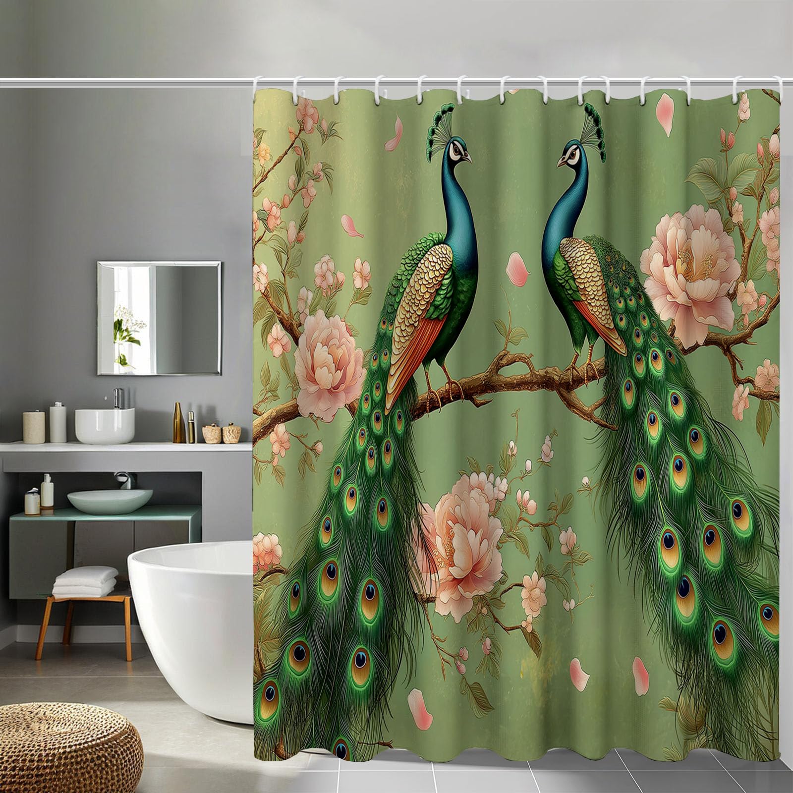 Rideau de douche paon 180x200 cm imperméable en tissu polyester avec 12 crochets