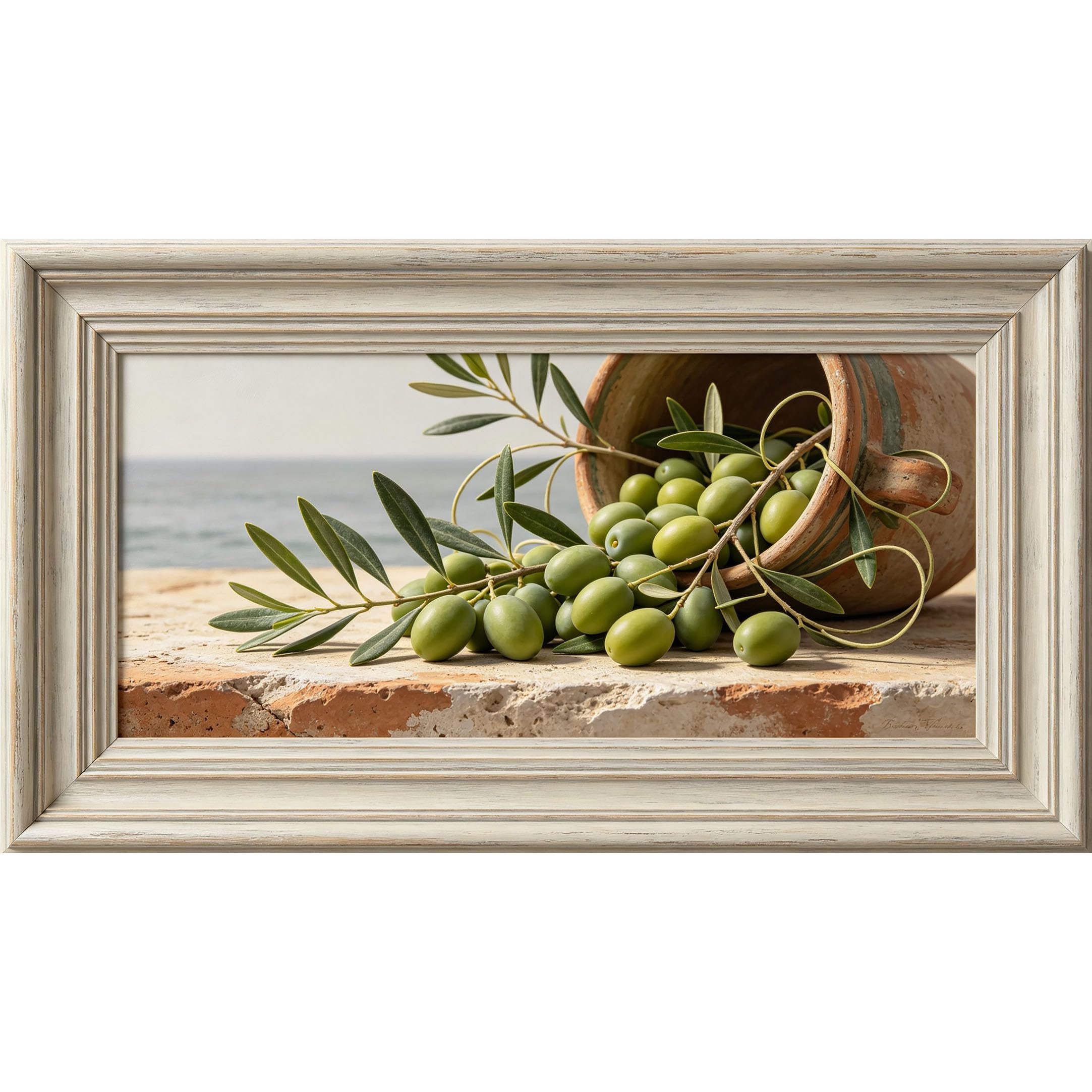 QZLITHOTIC 50x90cm3D Framed Wall Art， Coastal Olive Branch Still Life Self‑Adhesive Mural， Water‑Activated Peel & Stick Fabric Decor Wall Decal for Bedroom Living Room