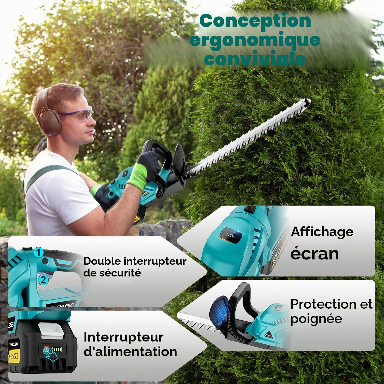 52CM Taille-Haies sans Fil, Moteur sans Balais, Taille Haie Batterie avec 2 Batteries 4,0 Ah, SK5-lame Double Action, diamètre de Coupe 17 mm, PoignéE Pivotante à 180°, pour Haies, Arbres