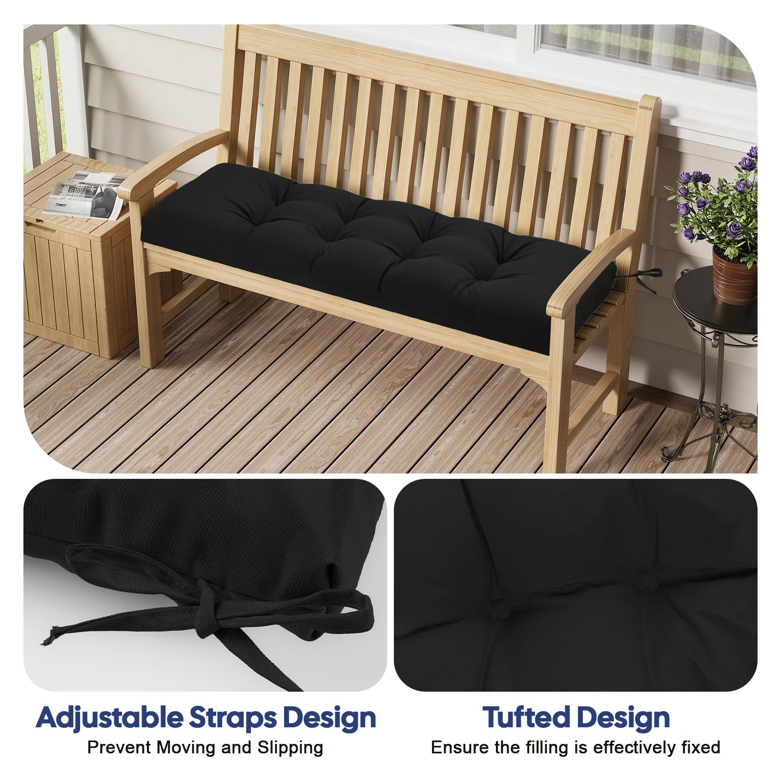 Outdoor Garden Bench Cushion, 8cm Thick Tufted Waterproof Long Bench Seat Pad with Ties, Replacement Cushion for Patio, Lawn & 2 Seater Loveseat Furniture, 108x45cm, Black — view 5