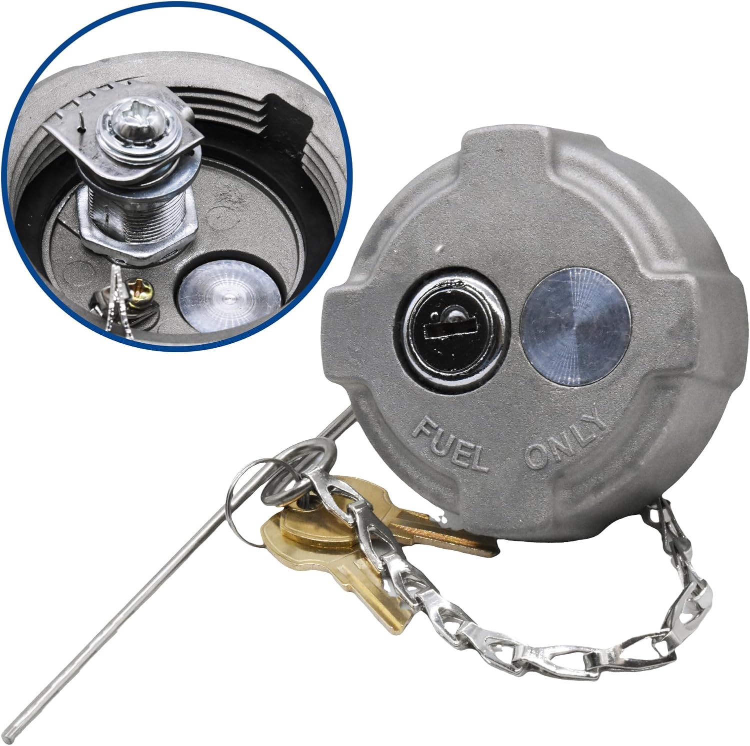 2 1/4" Locking Fuel Cap with Rubber Seal Ring Safety Chain and 2 Key Fit for Ford 650 750 / International MD Semi Truck/Hino 268 Box Truck. Replaces# FTA-N-04 FTA-N6-16 FTA-N-73 FTA-C02