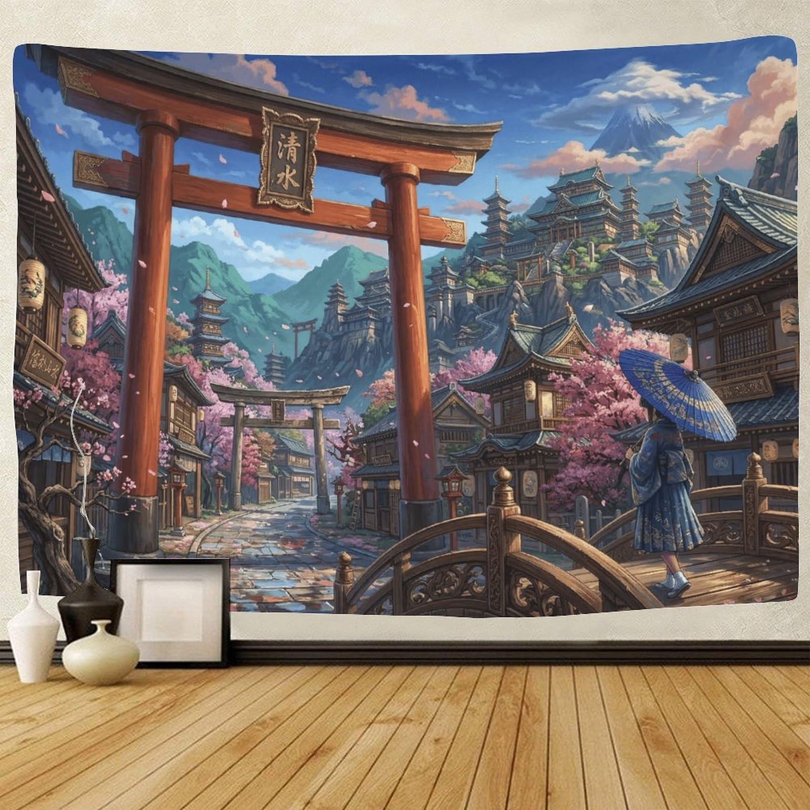 GPMNBCXZK Japanese Mount Fuji Wall Tapestry Living Room Bedroom Dorm Traditional Town 3D Printed Sakura Wall Hanging Decor 100cmx150cm