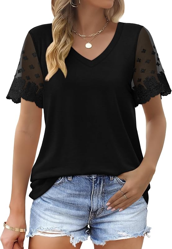 OFEEFAN Casual V Neck Camisetas para Mujeres Encaje Manga Corta Dobladillo Curvo Tops Loose Fit