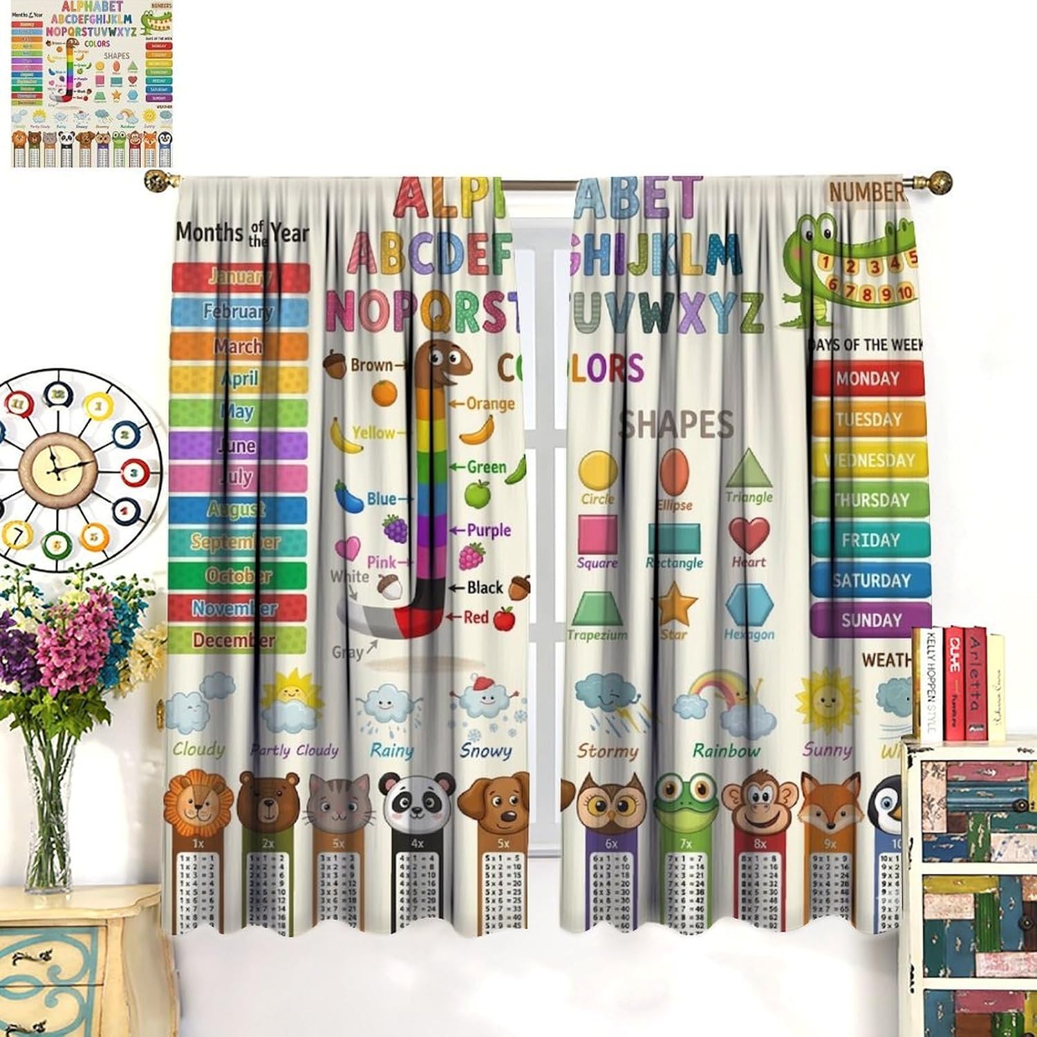 Educational Blackout Curtains for Children's Bedrooms and Playrooms, Featuring Letters, Numbers, Colors, Shapes, Days of The Week, and Weather Patterns42X45 Inch