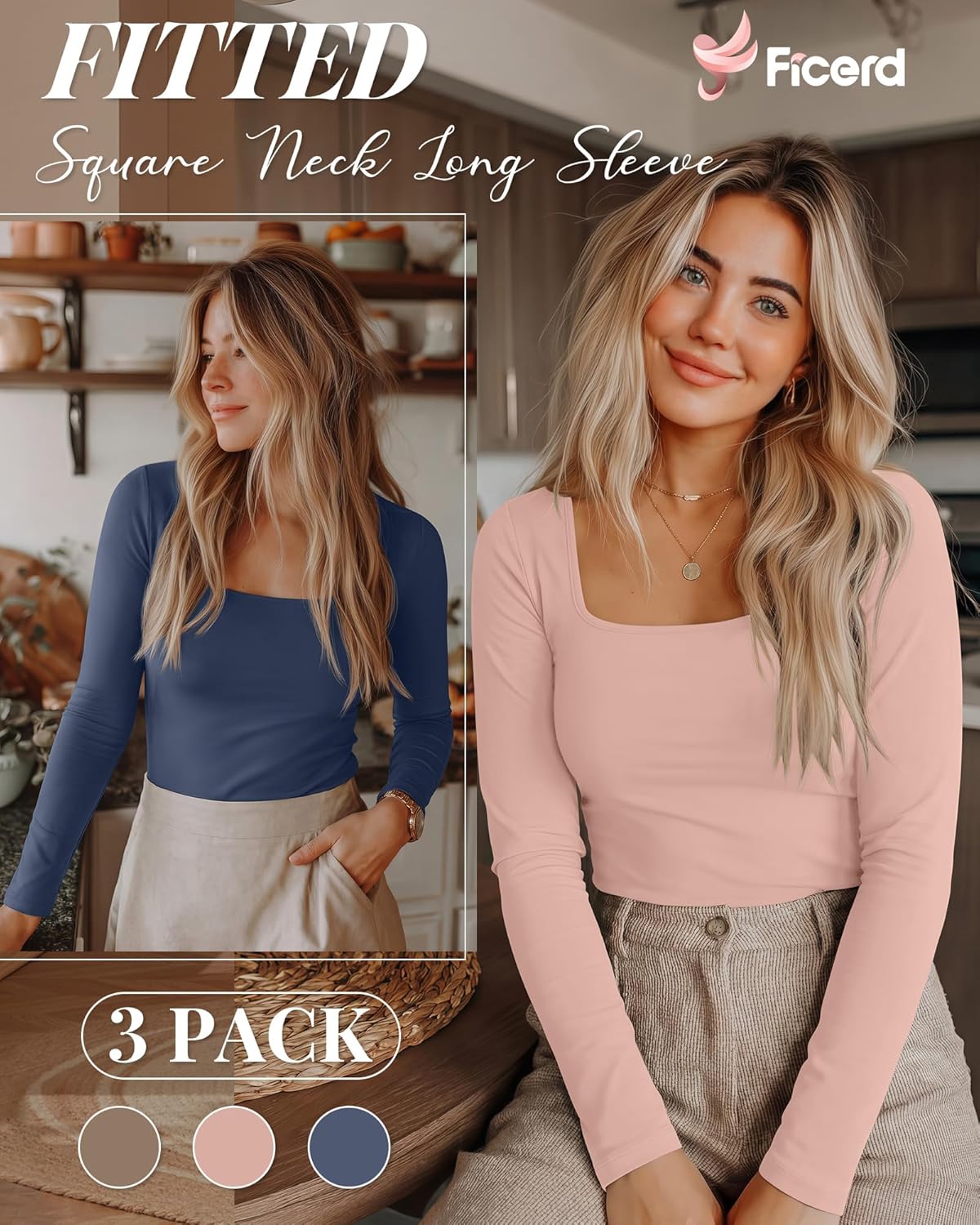 Ficerd 3 Pack Square Neck Tops for Women Long Sleeve Going Out Slim Fit Shirts Basic Tees 2026 Winter Y2k Clothes - Image 3