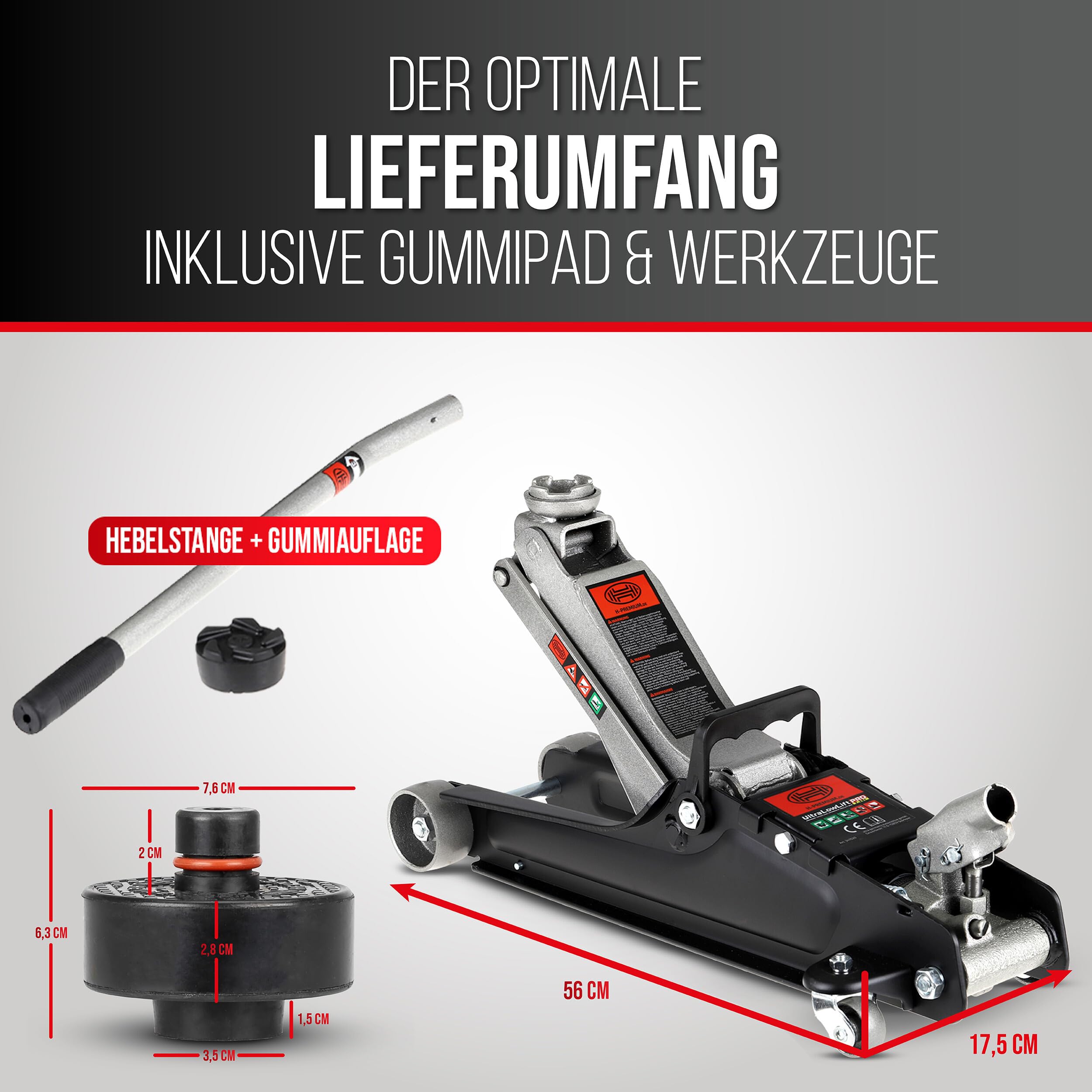 HEYNER® Wagenheber Rangierwagenheber Bundle inkl. Ersatzgummiauflage für Tesla Model 3 S Y X + 2,25t Kapazität + extra flach + robuste Qualität + Variable Hubhöhe 85-380mm
