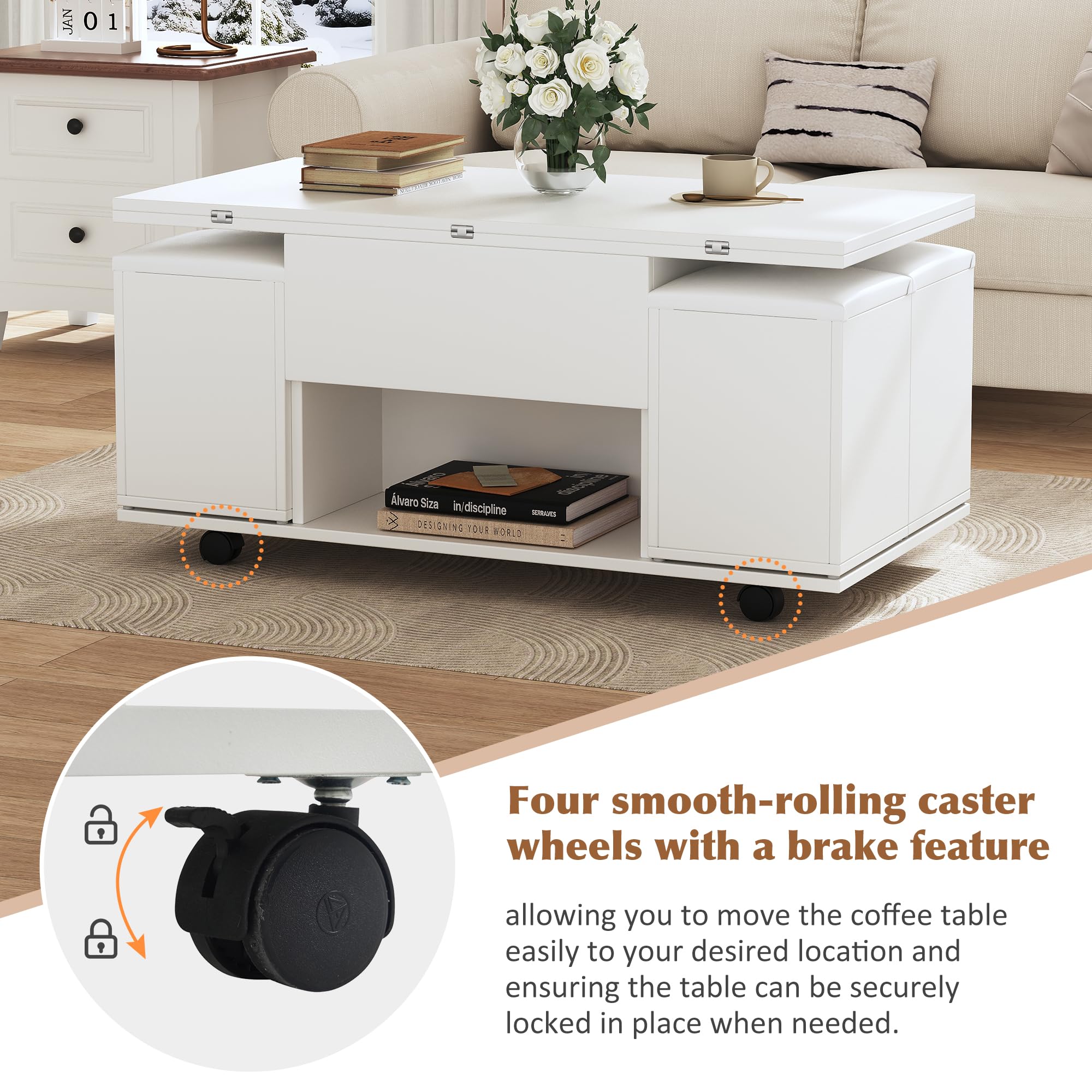 Mesa de Centro Elevable con Escritorio Elevable y 4 Taburetes Blandos, Mesa Central de Café con Tablero y Almacenamiento para salón, Mesa de Comedor Extensible, 100x100x64.5 cm, Blanco B