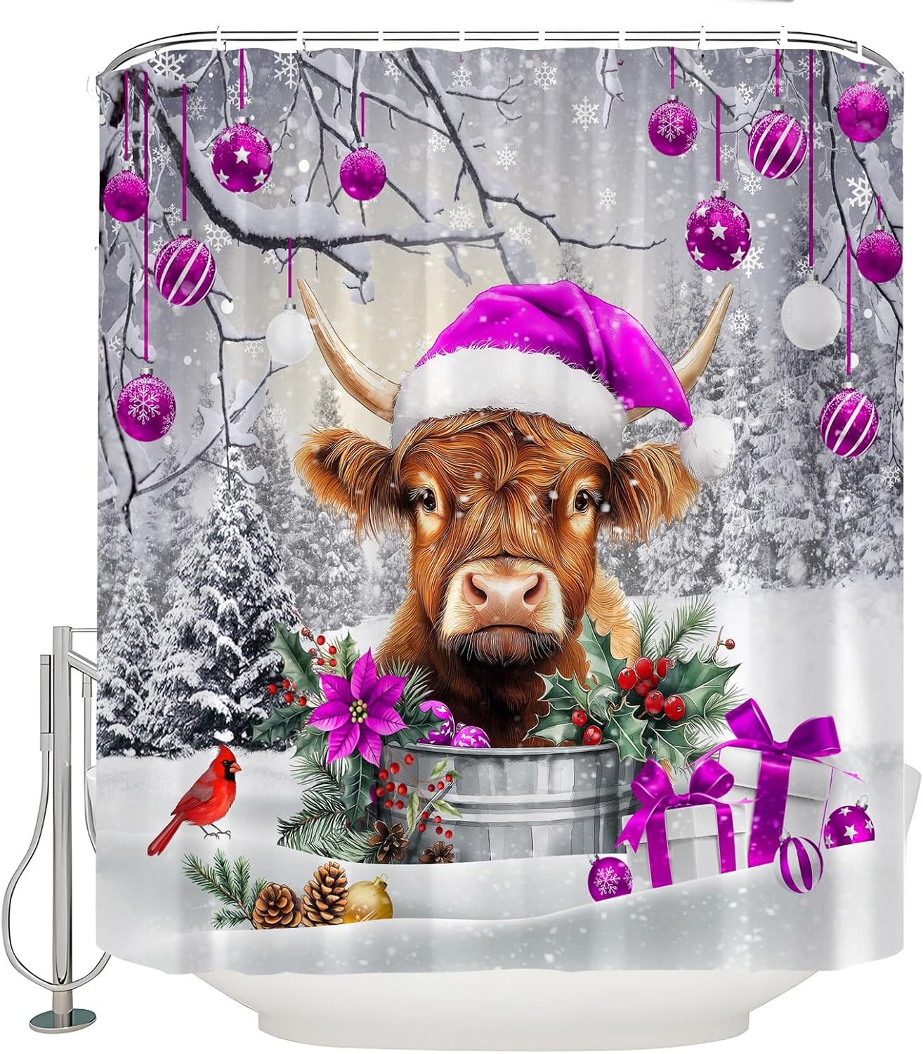 Christmas Highland Cow Shower Curtain Pink Xmas Ball Farmhouse Animal Cattle Rustic Forest Snowy Pine Tree Snowflake Winter Holiday Fabric Bathroom Decor Curtain with Hooks,70x83.8 Inch