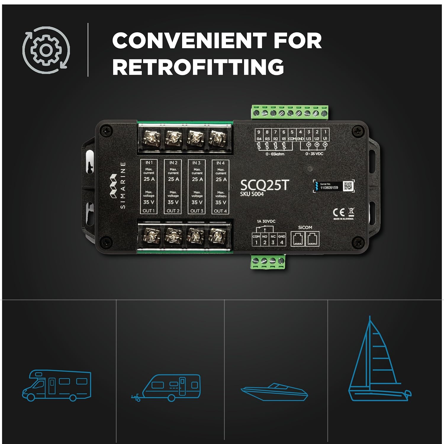 Simarine SCQ25T Quadro Shunt, 4 x 25 A per Channel, Tank Level Voltage Monitoring, A Built-in, Programmable Alarm Signal Relay. Compatible with Simarine PICO Battery Monitor and VIA Control Panel