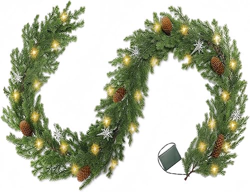 Guirnalda de pino de Navidad iluminada de 6 pies con 20 LED, guirnaldas de ciprés realistas a pilas con conos de pino y estrellas para decoración de