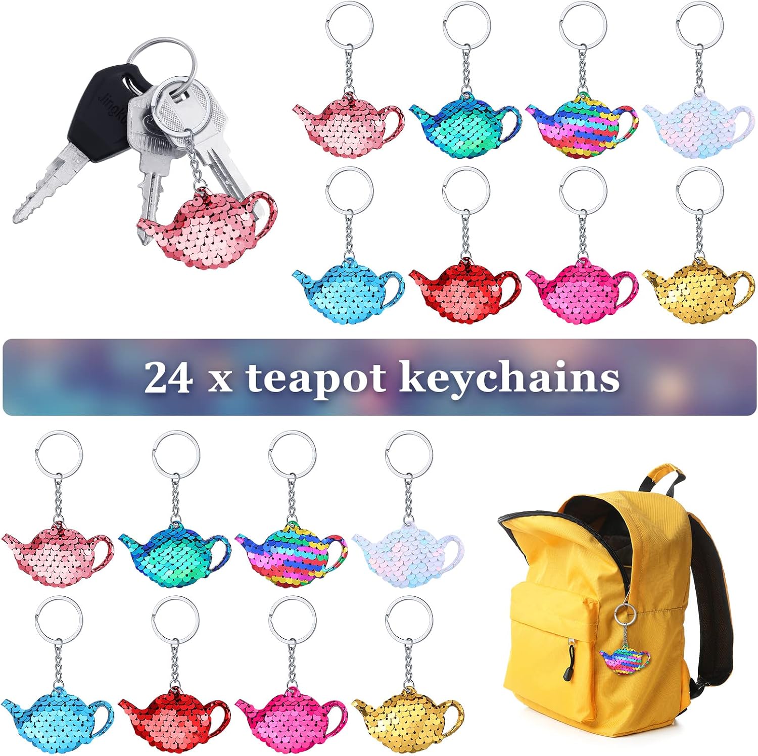 Sureio 24 Pcs Women Tea Party Keychain Tea Party Favors Teapot Sequin Glitter Flip Sequin Keychain Reversible Teapot Key Chains for Carnival Prizes Women Birthday Gifts Supplies, 8 Colors