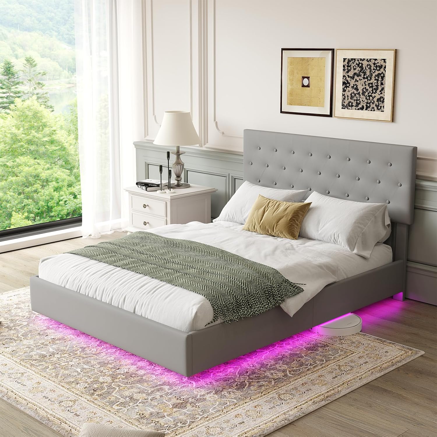 King-Size Floating Bed Frame with LED Lights and Charging Station, USB and Type-C Ports, Velvet-upholstered Metal Platform, Storage headboard, no Box Spring Required, Easy Assembly (White)